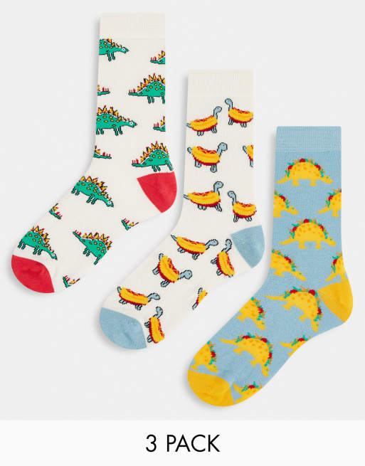 ASOS DESIGN – Zestaw 3 par skarpetek do kostki z motywem dinozaurów i jedzenia