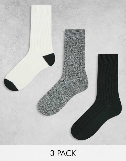 ASOS DESIGN – Zestaw 3 par skarpetek w kolorach ciemnozielonym i złamanej bieli