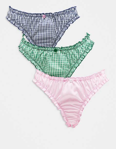 ASOS DESIGN 3 pack woven thong in pink and navy stripe & green gingham