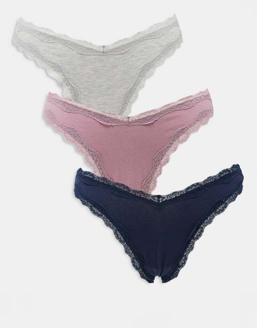 ASOS DESIGN – Zestaw 3 par stringów z wysokim stanem, z bawełny i koronki, w kolorach granatowym, szarym melanżowym i fiołkoworóżowym