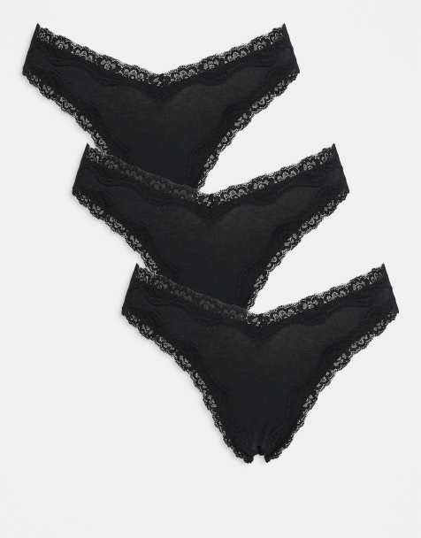 ASOS DESIGN 3 pack cotton v front high leg thong with lace trim in black