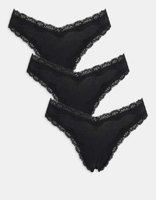 ASOS DESIGN – Zestaw 3 par wysoko wyciętych czarnych bawełnianych stringów z koronką i talią w kształcie litery V