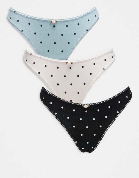 ASOS DESIGN 3 pack high leg thong in pointelle with polka print in pink, blue & black