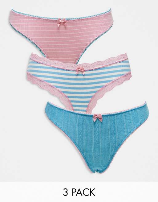 ASOS DESIGN – Zestaw 3 par zdobionych fig brazylijskich o splocie pointelle w kolorach różowym, turkusowym i w paski