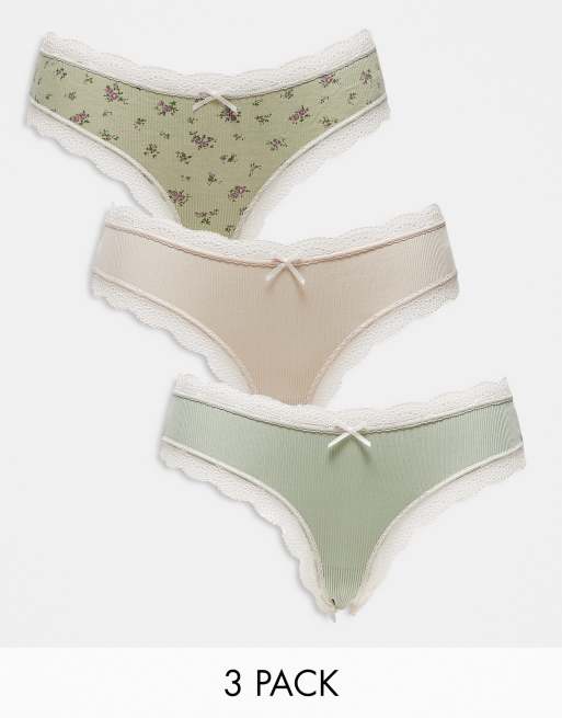 ASOS DESIGN – Zestaw 3 par zdobionych koronką fig brazylijskich w kolorach jasnobeżowym, khaki i w drobny wzór