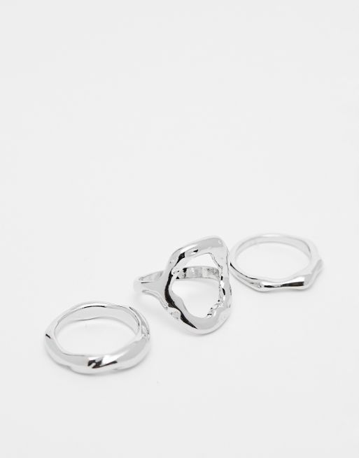 ASOS DESIGN – Zestaw 3 pierścionków w odcieniu srebra z motywem stopionego metalu