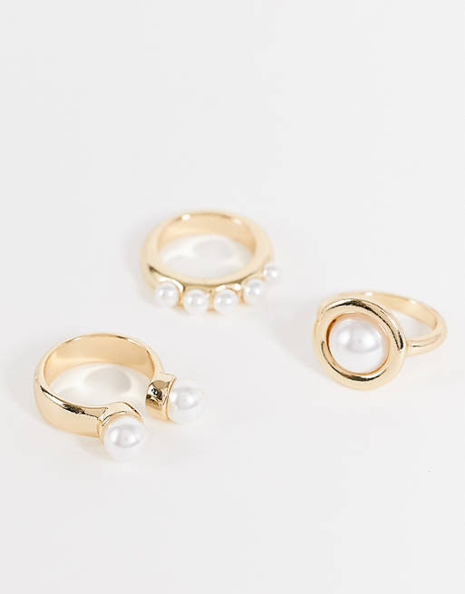 ASOS DESIGN – Zestaw 3 pierścionków w złotym kolorze z perłą