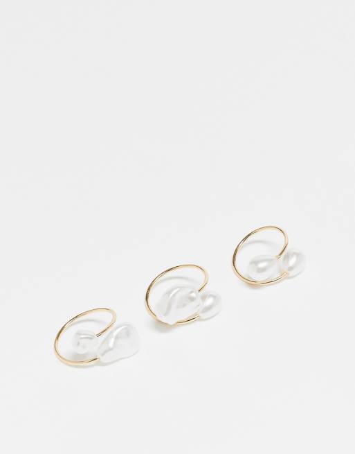 ASOS DESIGN – Zestaw 3 pierścionków w złotym kolorze ze sztucznymi perłami