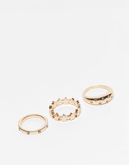 ASOS DESIGN – Zestaw 3 pierścionków z astronomicznym motywem w kolorze złota