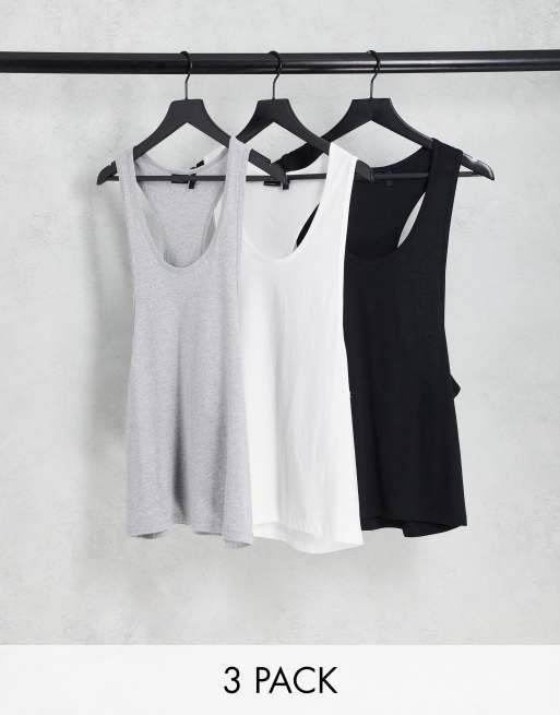 ASOS DESIGN – Zestaw 3 podkoszulków o wyciętym fasonie bokserki w kolorach białym, czarnym i szarym melanżowym