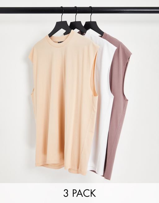 ASOS DESIGN – Zestaw 3 podkoszulków oversize w kolorach jasnobrązowym, białym i różowym