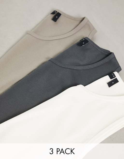 ASOS DESIGN – Zestaw 3 prążkowanych podkoszulków o kroju podkreślającym sylwetkę z okrągłym dekoltem w kolorach szarym, beżowym i kremowym