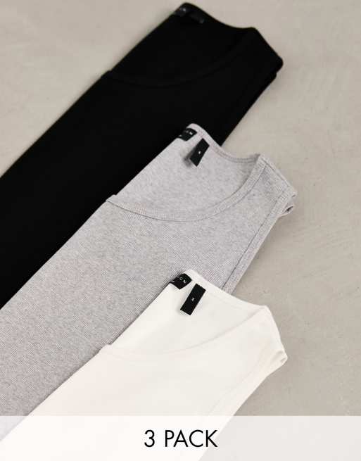 ASOS DESIGN – Zestaw 3 prążkowanych podkoszulków o kroju podkreślającym sylwetkę z okrągłym dekoltem w kolorze białym, szarym melanżowym i czarnym