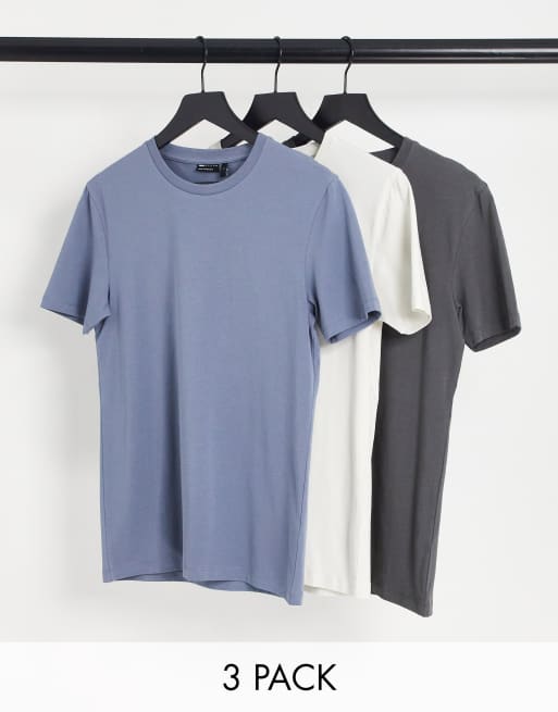 ASOS DESIGN – Zestaw 3 T-shirtów o kroju podkreślającym sylwetkę z okrągłym dekoltem w kolorach niebieskim, kremowym i szarym