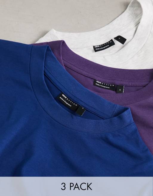 ASOS DESIGN – Zestaw 3 T-shirtów o luźnym kroju z okrągłym dekoltem w kolorach białym, granatowym i fioletowym