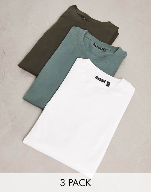 ASOS DESIGN – Zestaw 3 T-shirtów o luźnym kroju z okrągłym dekoltem w kolorach khaki, białym i czarnym 