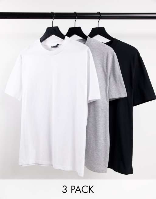 ASOS DESIGN – Zestaw 3 T-shirtów o luźnym kroju z okrągłym dekoltem w kolorze białym, melanżowym szarym i czarnym