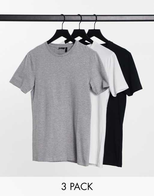 ASOS DESIGN – Zestaw 3 T-shirtów z okrągłym dekoltem o kroju podkreślającym sylwetkę w kolorach białym, szarym melanżowym i czarnym