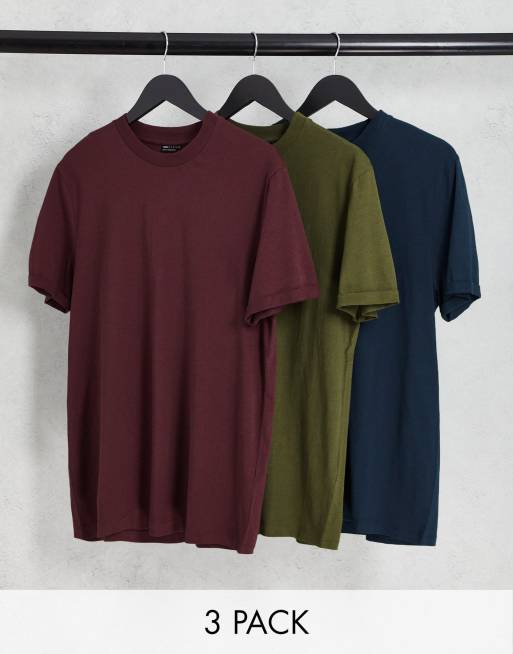 ASOS DESIGN – Zestaw 3 T-shirtów z podwiniętymi rękawami w kolorach bordowym, khaki i granatowym
