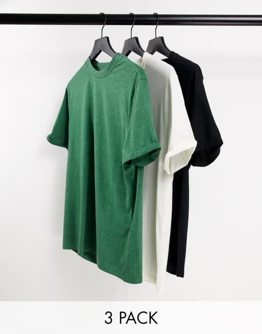 ASOS DESIGN – Zestaw 3 T-shirtów z podwiniętymi rękawami w kolorach zielonym, białym i czarnym