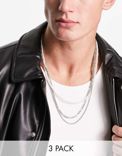 ASOS DESIGN – Zestaw 3 wąskich naszyjników łańcuszkowych w odcieniu srebra ze sztucznymi perłami o średnicy 4 mm 