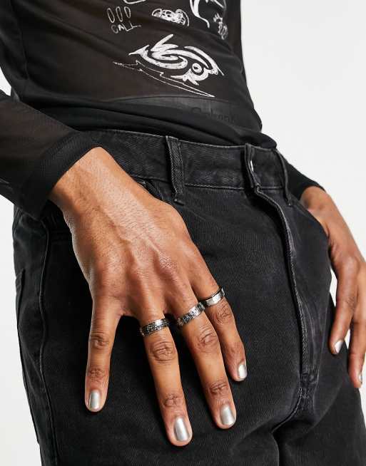 ASOS DESIGN – Zestaw 3 pierścionków ze stali nierdzewnej z wytłaczanym wzorem w srebra
