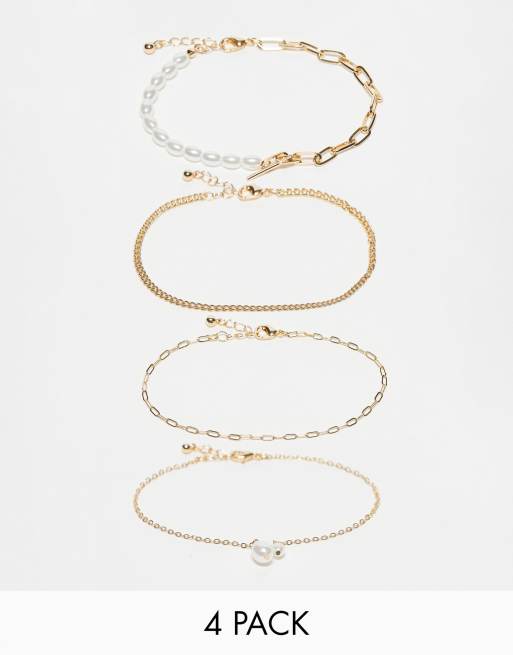 ASOS DESIGN – Zestaw 4 bransoletek na kostkę z łańcuszków w odcieniu złota i sztucznymi perełkami
