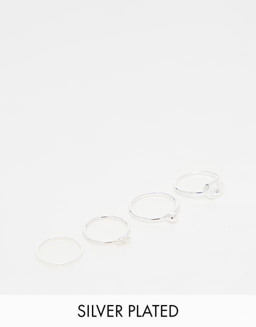 ASOS DESIGN – Zestaw 4 posrebrzanych pierścionków z delikatnym zdobieniem