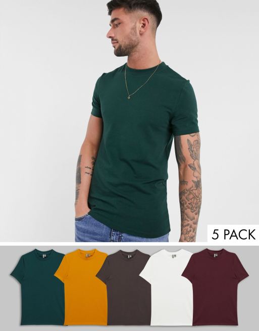 ASOS DESIGN – Zestaw 5 bawełnianych T-shirtów z okrągłym dekoltem o kroju podkreślającym sylwetkę 