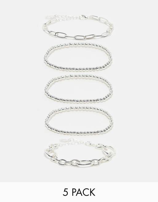 ASOS DESIGN – Zestaw 5 bransoletek łańcuszkowych w srebrnym kolorze