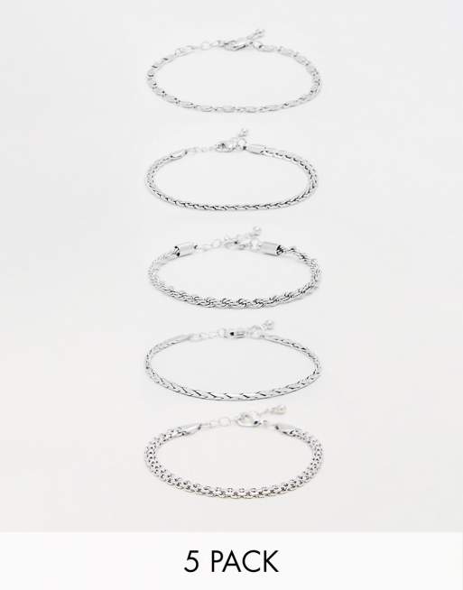 ASOS DESIGN – Zestaw 5 bransoletek z delikatnego łańcuszka w srebrnym kolorze