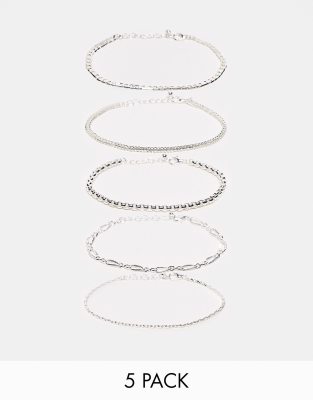 ASOS DESIGN – Zestaw 5 bransoletek z różnych łańcuszków w kolorze srebra  