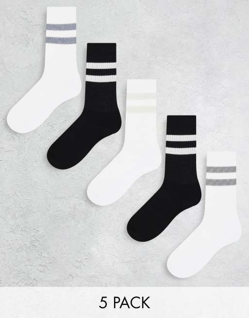 ASOS DESIGN – Zestaw 5 par czarnych i białych sportowych skarpetek z ozdobnym paskiem