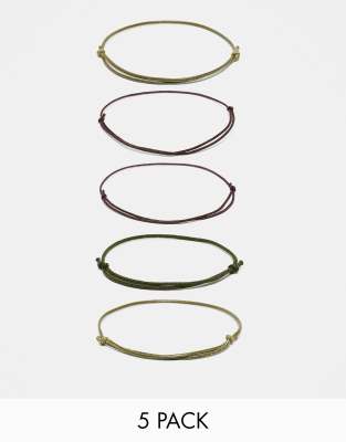 ASOS DESIGN – Zestaw 5 par sznurkowych bransoletek w odcieniach khaki i brązu