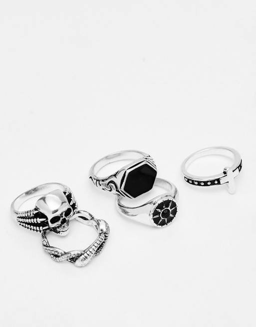 ASOS DESIGN – Zestaw 5 sygnetów w odcieniu rodowanego srebra z motywami czaszki i krzyża