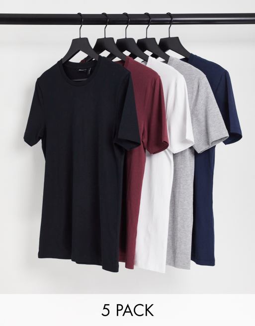 ASOS DESIGN – Zestaw 5 T-shirtów w różnych kolorach, o kroju podkreślającym sylwetkę z okrągłym dekoltem 