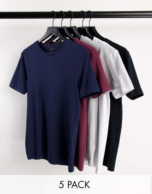 ASOS DESIGN – Zestaw 5 T-shirtów w różnych kolorach o kroju podkreślającym sylwetkę z okrągłym dekoltem