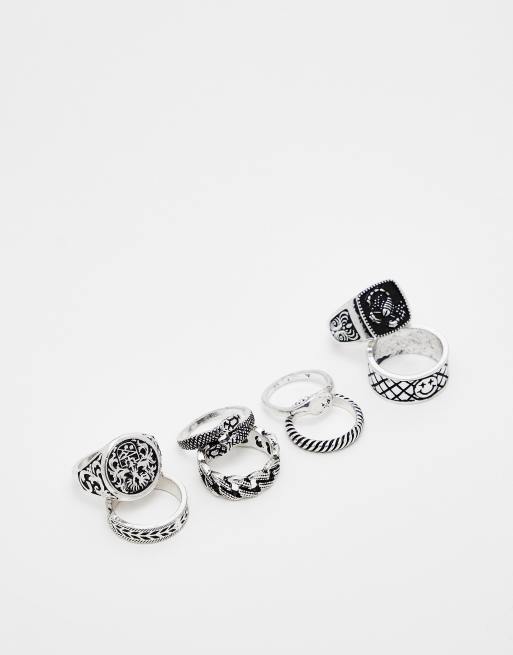 ASOS DESIGN – Zestaw 8 pierścionków w odcieniu srebra z różnymi wzorami