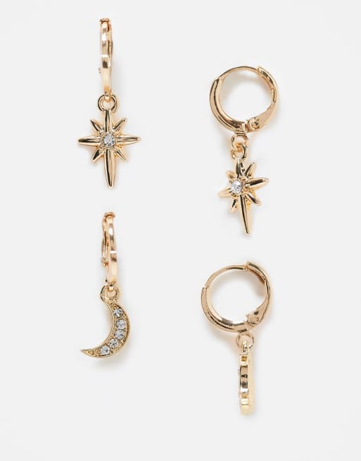 ASOS DESIGN – Zestaw dwóch par kolczyków-kół w odcieniu złota z zawieszkami z księżycem i gwiazdą