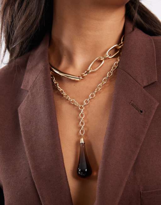ASOS DESIGN – Zestaw naszyjników z łańcuszkiem w kolorze złotym z dużą zawieszką ze sztucznym kamieniem