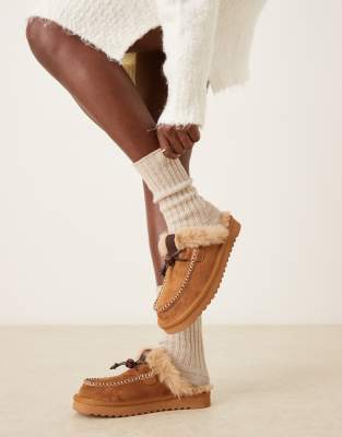 Asos Design Zeta Moccasin Mule Slippers In Brown
