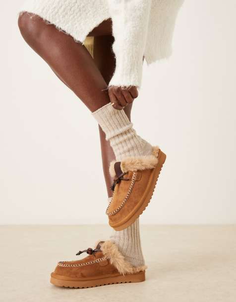 ASOS DESIGN Zeta moccasin mule slippers in tan suedette - view 1