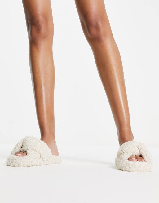 ASOS DESIGN - Zeve - Cremehvide slider-hjemmesko med snoede remme i imiteret lammeskind, 4 af 4
