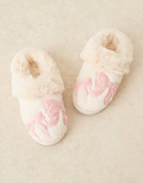 ASOS DESIGN Zibby bow embroidered slippers in cream - view 1