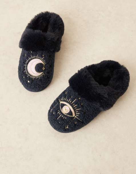 ASOS DESIGN Zibby celestial embroided slippers in navy - view 1