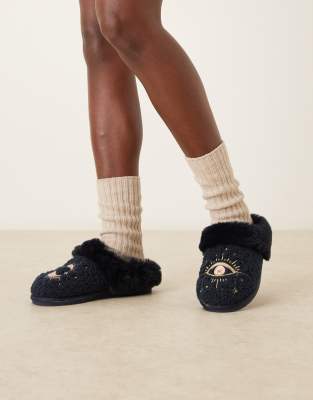 Asos Design Zibby Celestial Embroidered Slippers In Blue