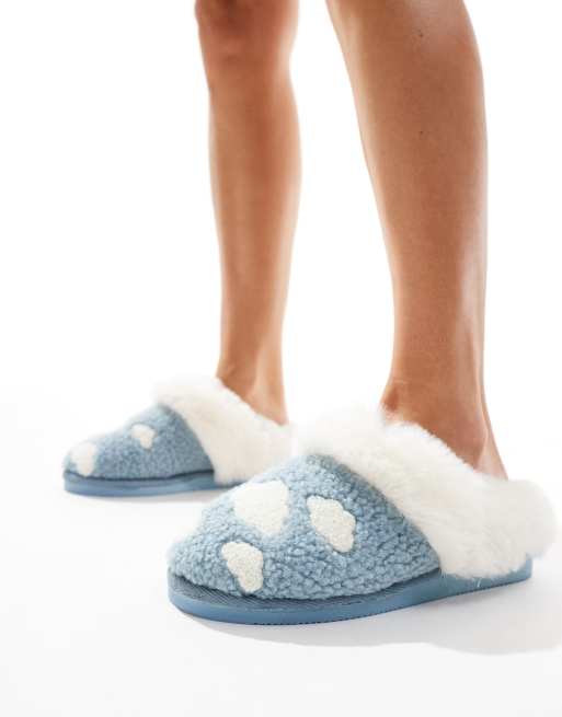ASOS DESIGN Zibby cloud embroidered slippers in blue