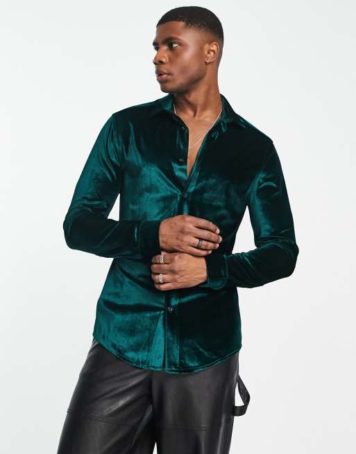 ASOS DESIGN – Zielona aksamitna koszula o obcisłym kroju