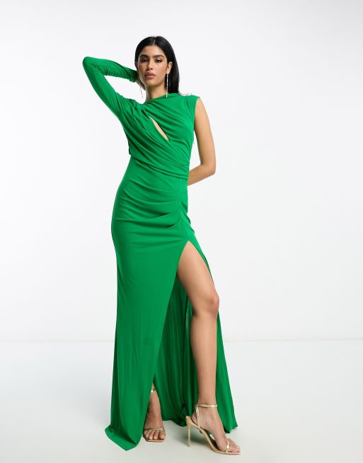 ASOS DESIGN – Zielona asymetryczna sukienka premium maxi z długimi rękawami i wycięciem