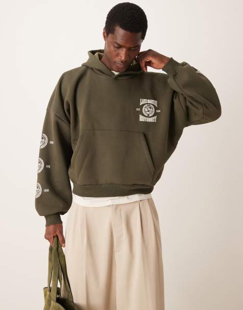 ASOS DESIGN – Zielona bluza oversize o krótkim fasonie z kapturem, obniżoną linią ramion i nadrukiem - view 1